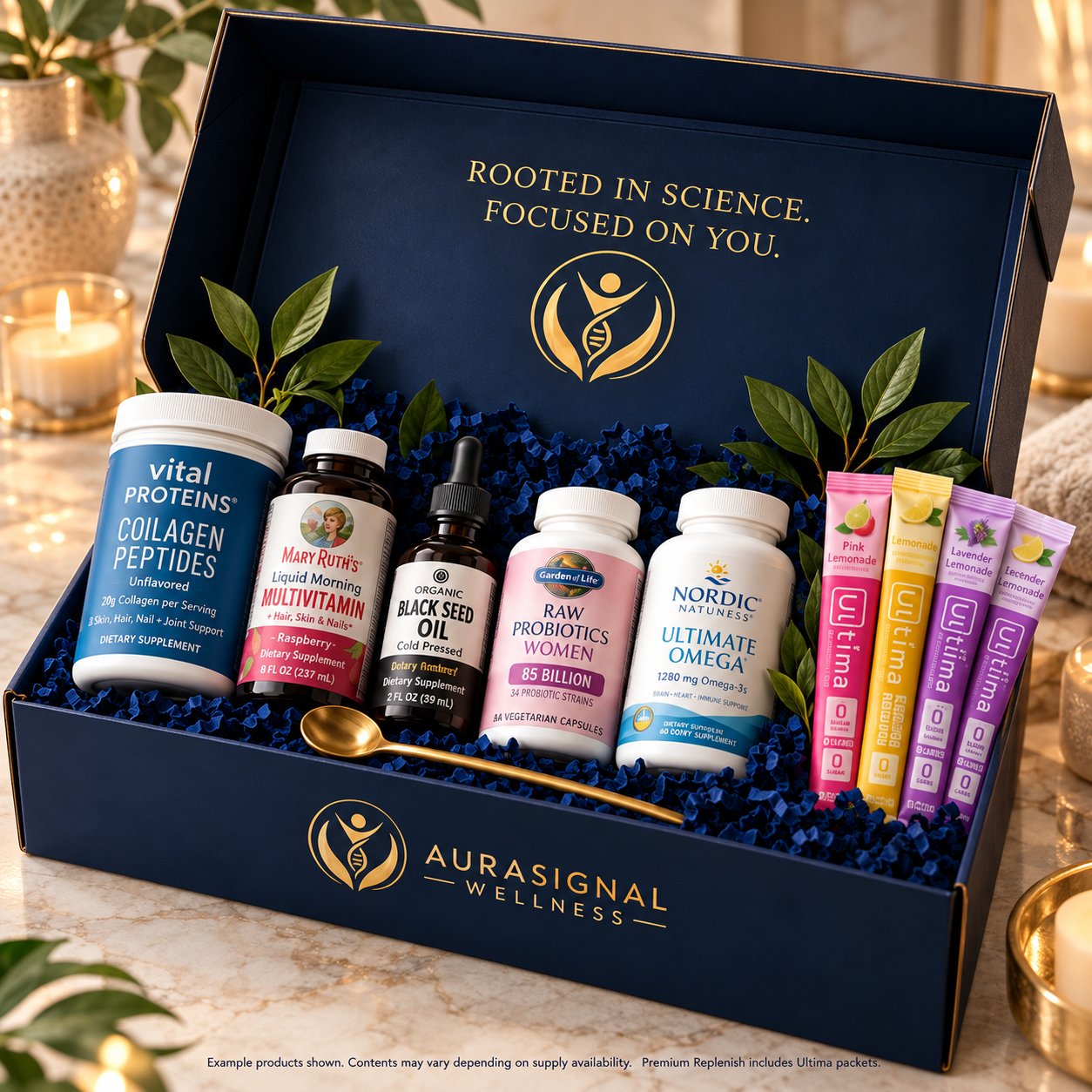 Open Aura Replenish Premium wellness box showing example curated supplements and Ultima packets